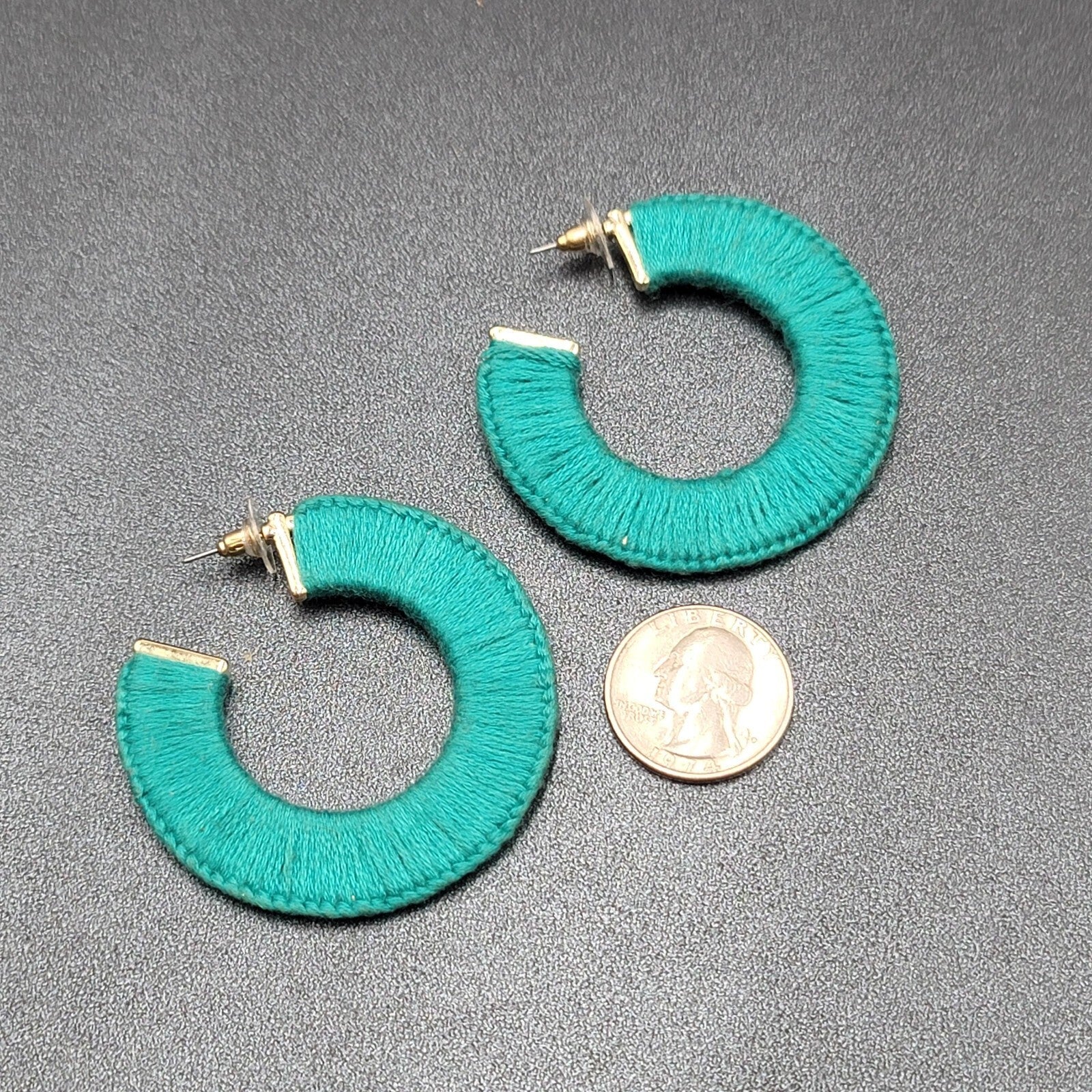 Pierced Earrings Gold tone Turquoise Blue Thread Wrapped Hoops 2 1/8"