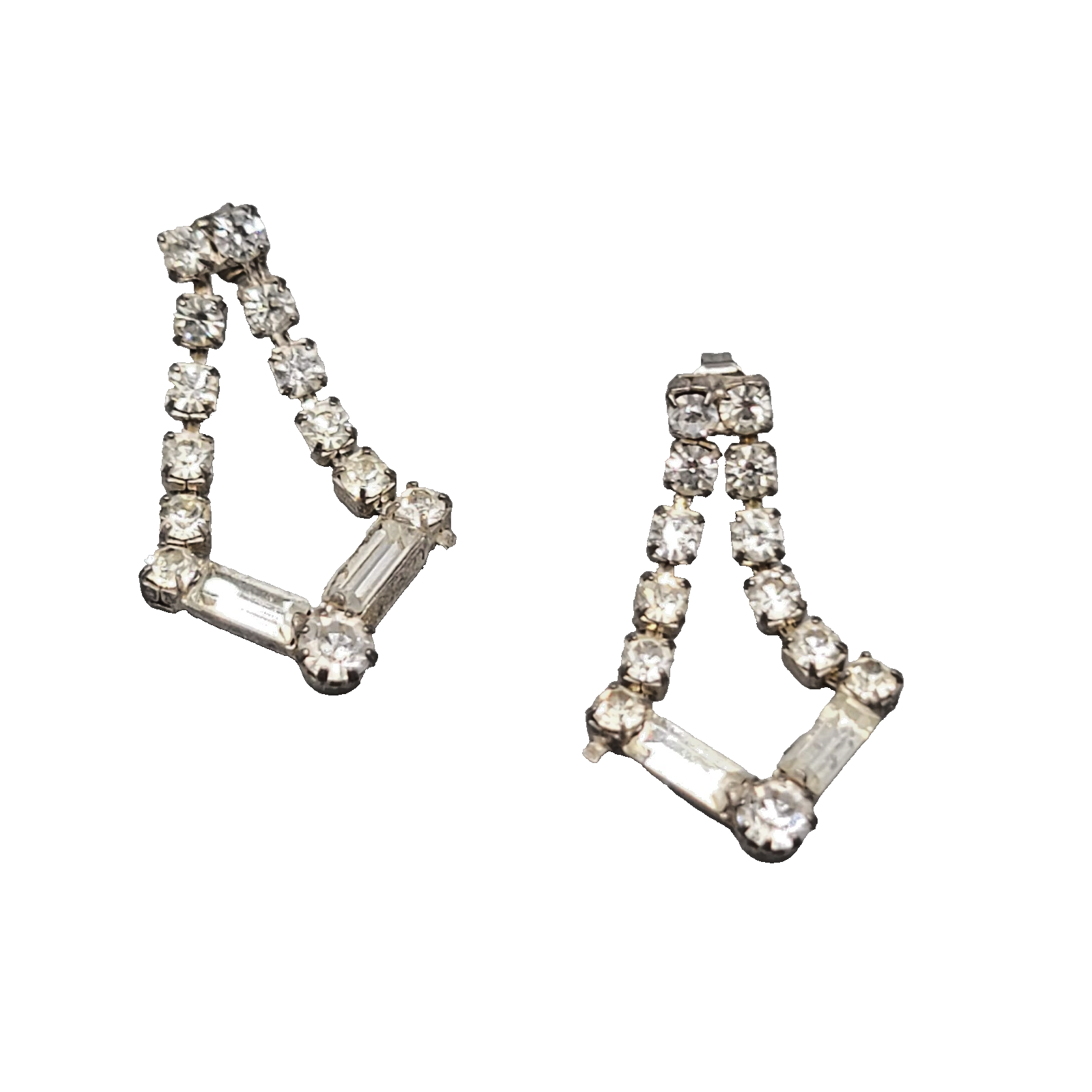 Vintage Clear Rhinestone Pierced Earrings Silver tone Dangle Open Work 1.25 in