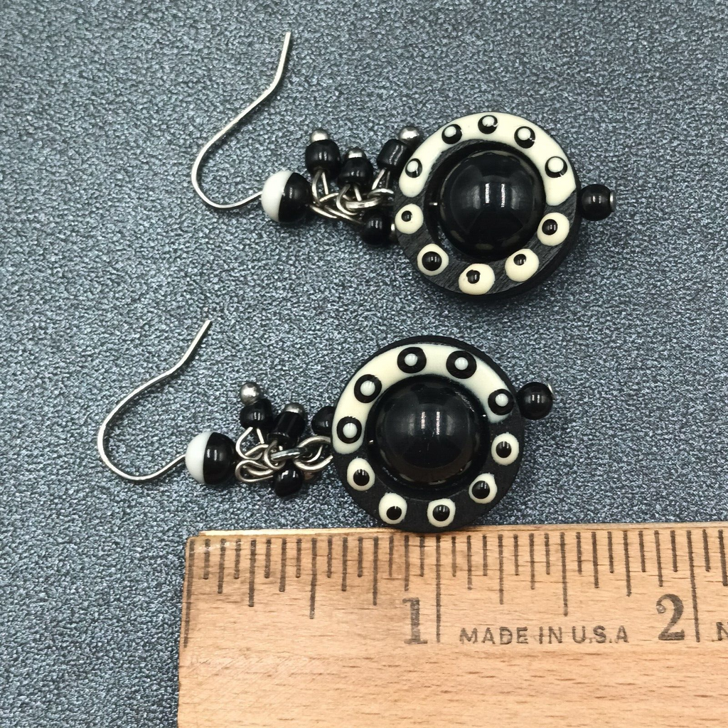 Pierced Earrings Black White Acrylic Captive Bead Statement Dangle 1 1/2"