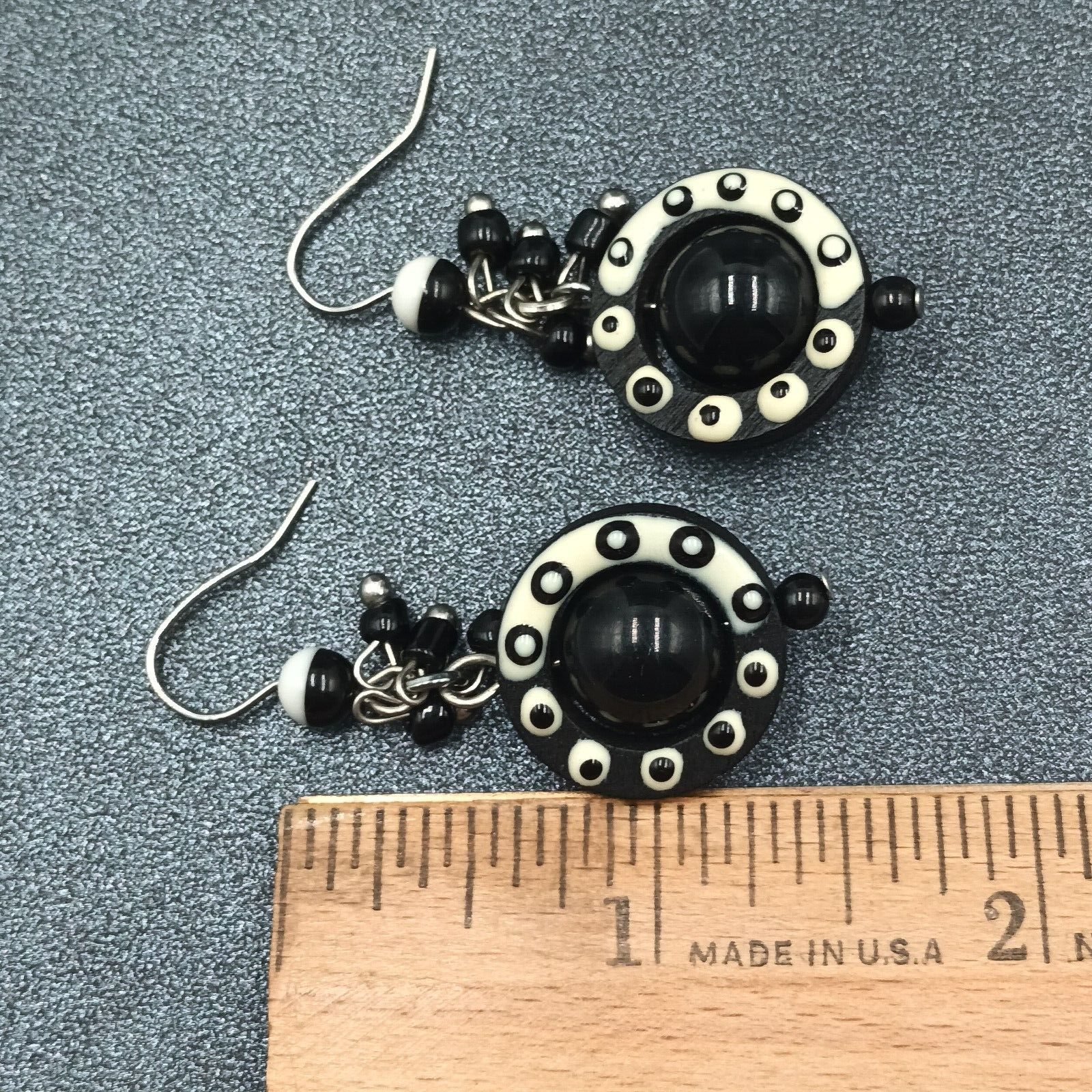 Pierced Earrings Black White Acrylic Captive Bead Statement Dangle 1 1/2"
