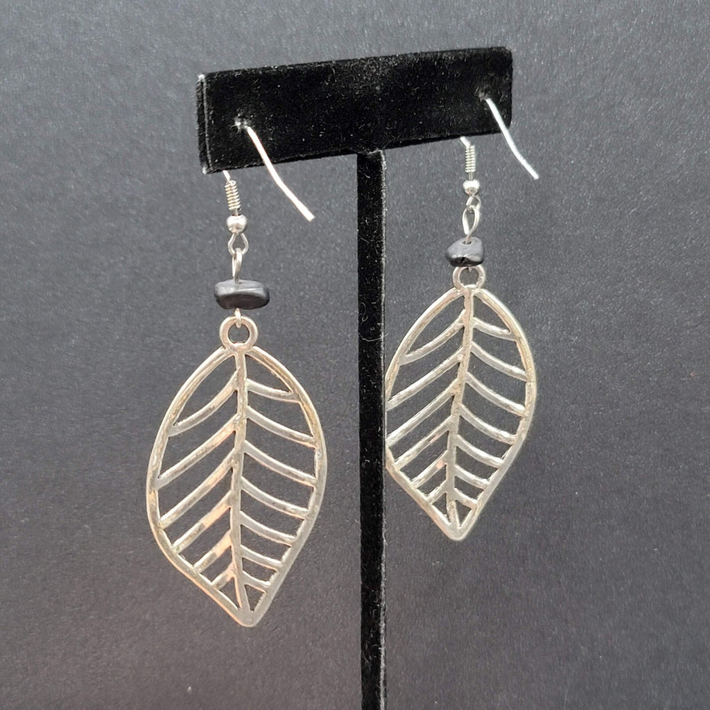 Pierced Earrings Open Work Leaf Black Stone Bead Dangle Long 2.25"