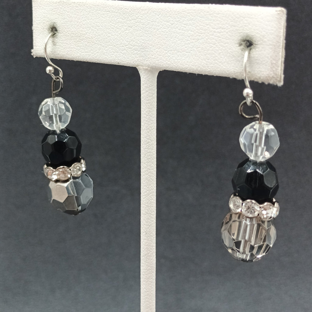 Pierced Earrings Faceted Glass Beaded Silver tone Rhinestone Dangle 1 1/4"