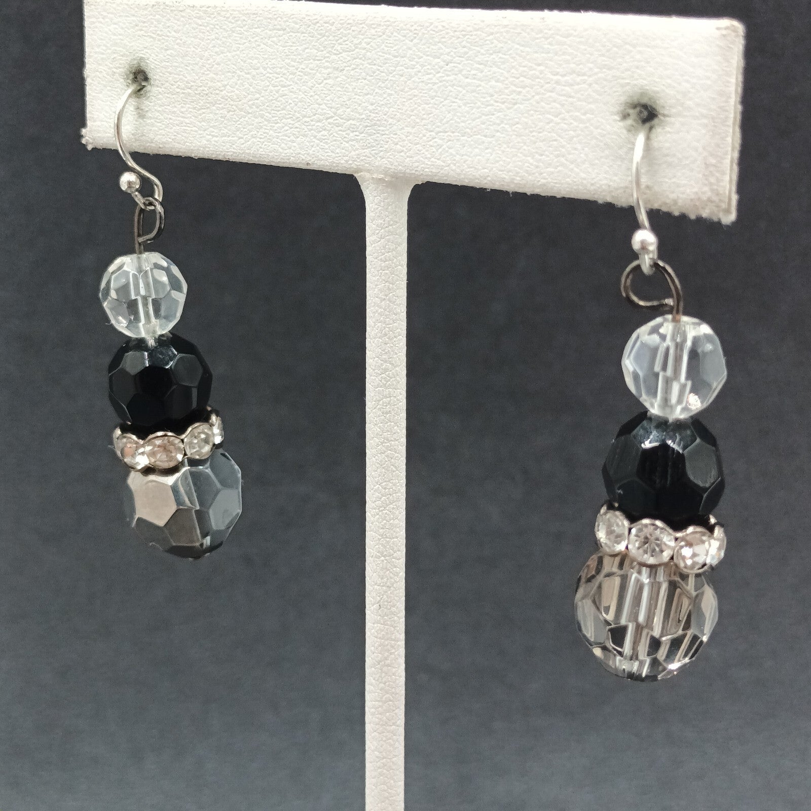 Pierced Earrings Faceted Glass Beaded Silver tone Rhinestone Dangle 1 1/4"