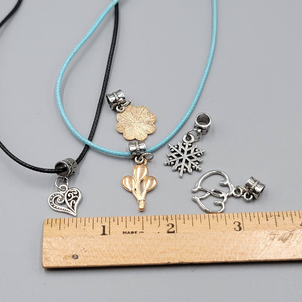 Necklace Charm Pendant Lot Blue and Black Cord Silver tone 5 Charms 18"