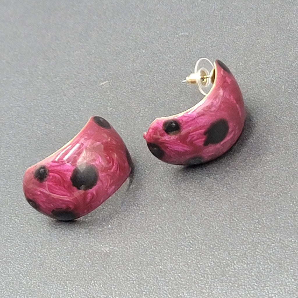 Vintage Pierced Earrings Polka Dot Purple Enamel Wide Hoops Dangle 1.25"