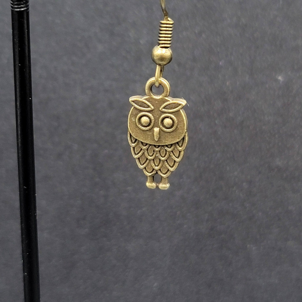 Owl Pierced Earrings Embossed Bronze tone Dangle 3/4"