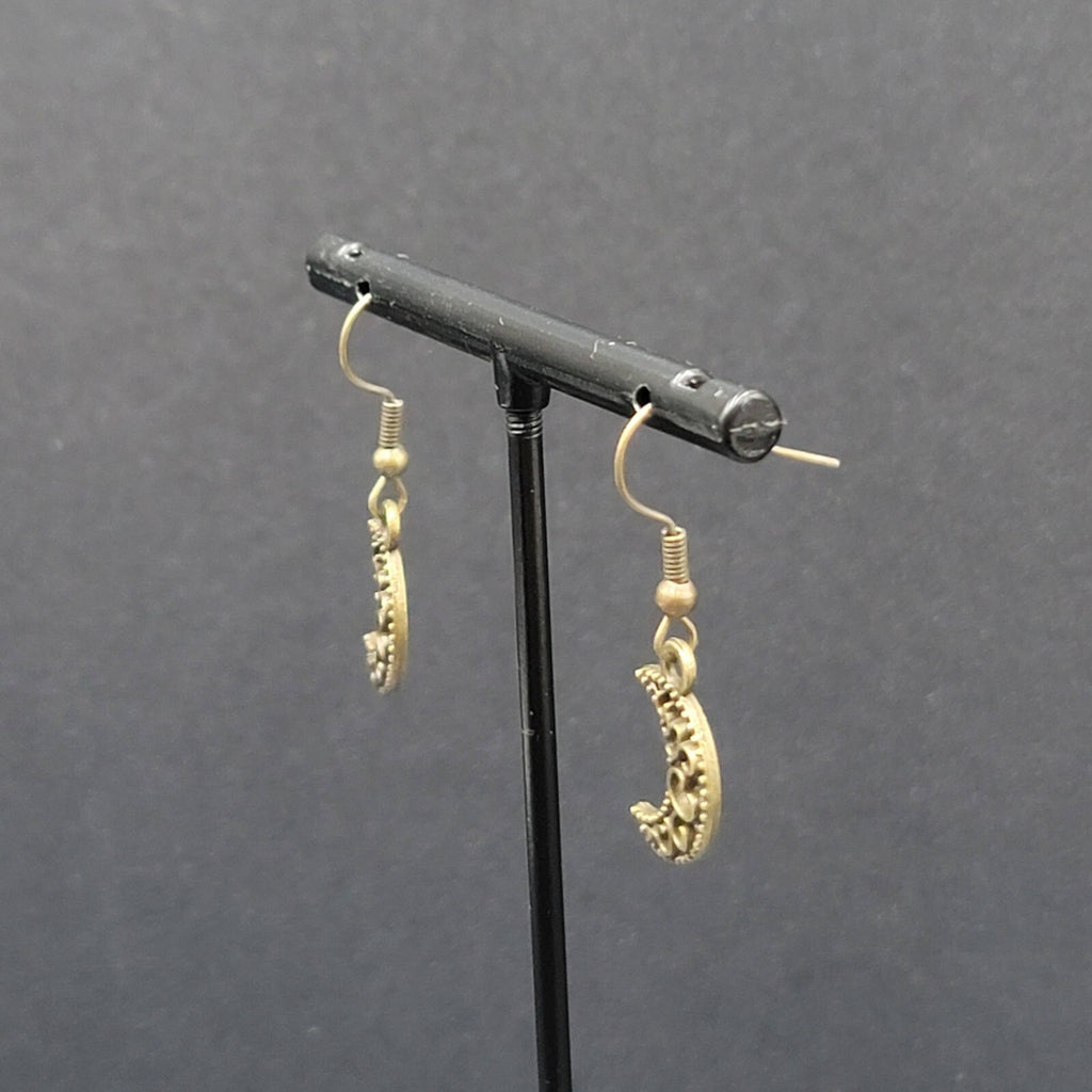 New MOON Pierced Earrings Bronze tone Open Work Metal Dangle 5/8"