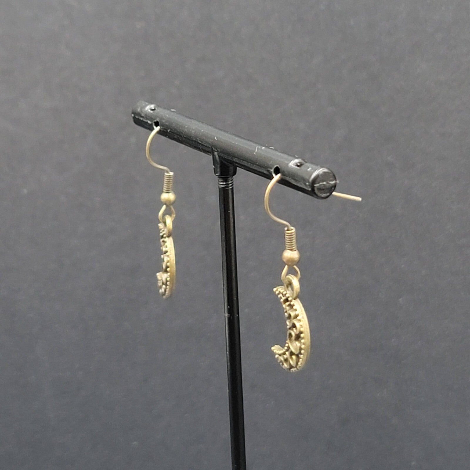 New MOON Pierced Earrings Bronze tone Open Work Metal Dangle 5/8"