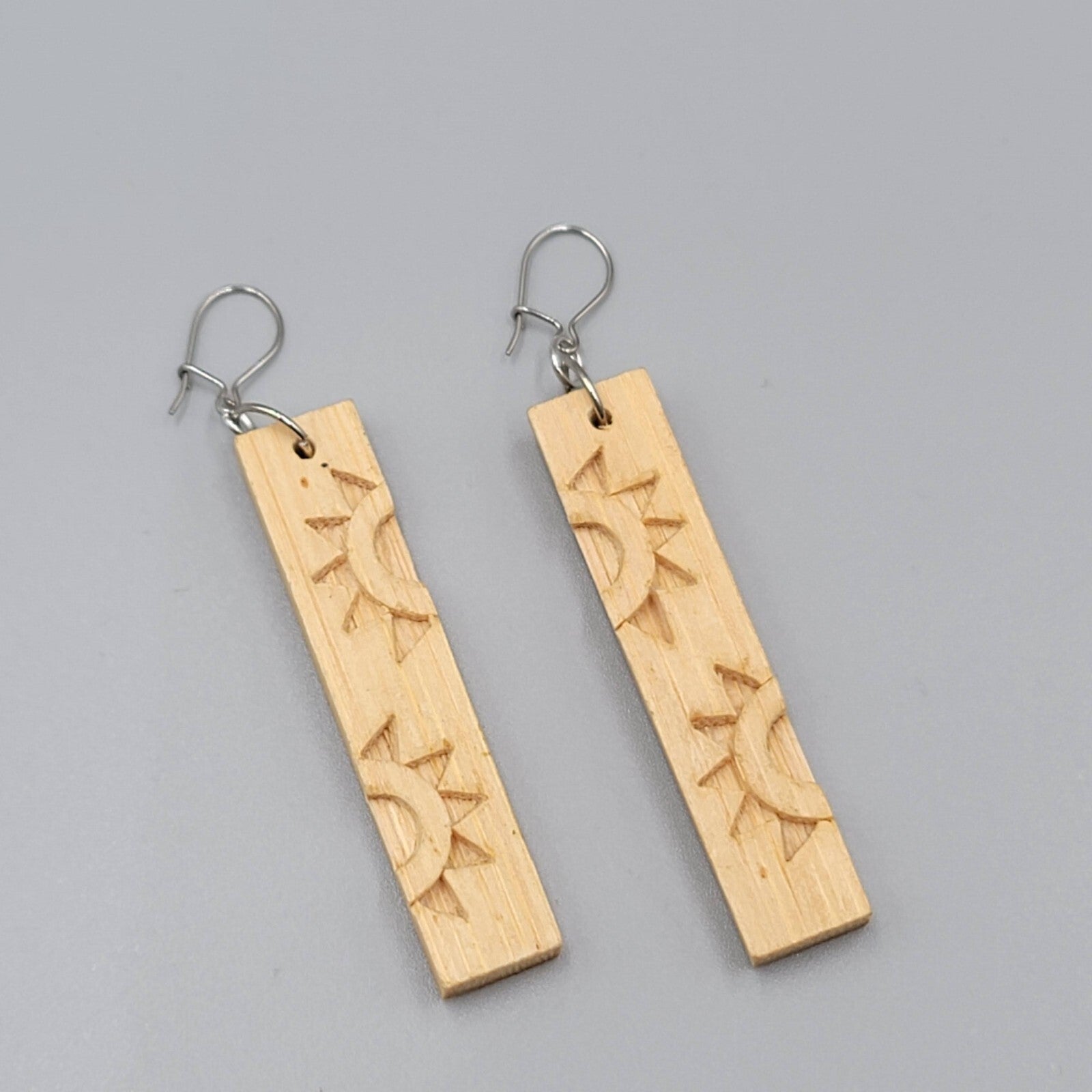 Sun Motif Wood Pierced Earrings Silver tone Dangle 2.25"