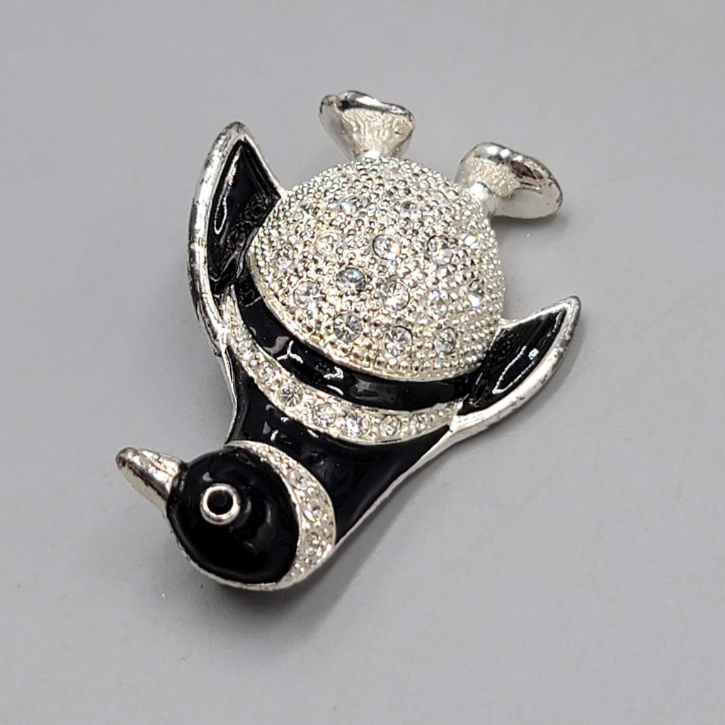 Penguin Brooch Rhinestone Black & White Silver tone 1.75"