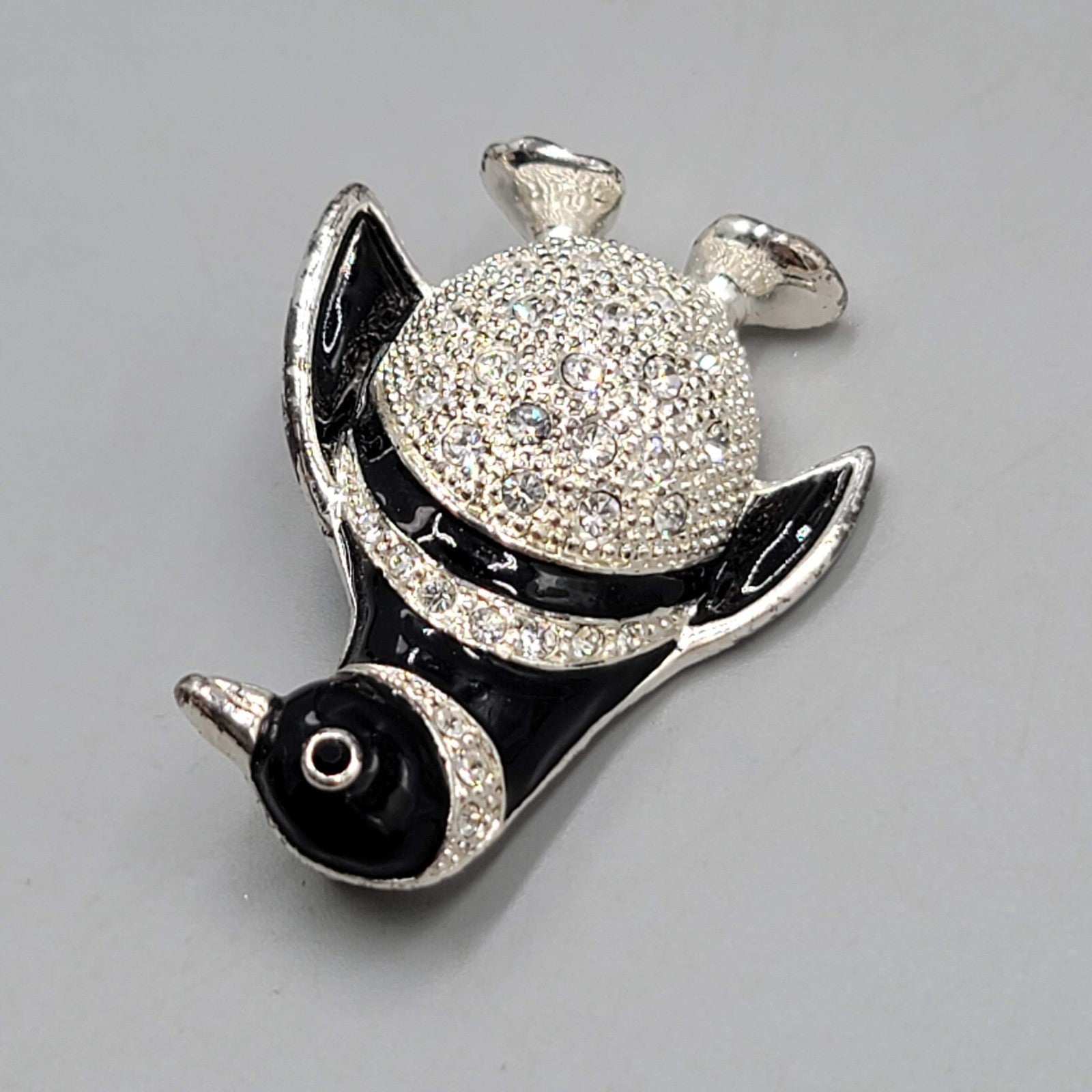 Penguin Brooch Rhinestone Black & White Silver tone 1.75"