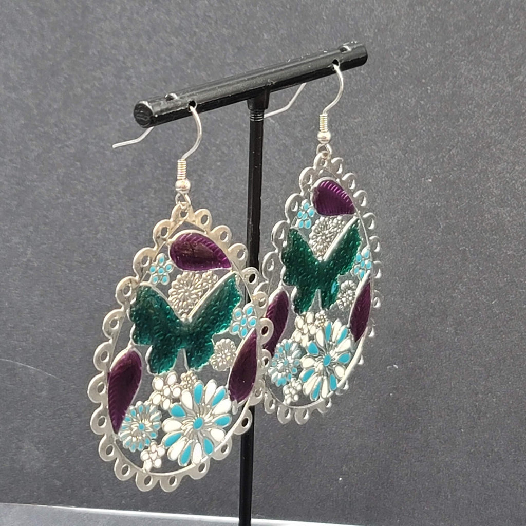 Pierced Earrings Large Silver tone Teardrop Butterfly Flowers Dangle 2.25"