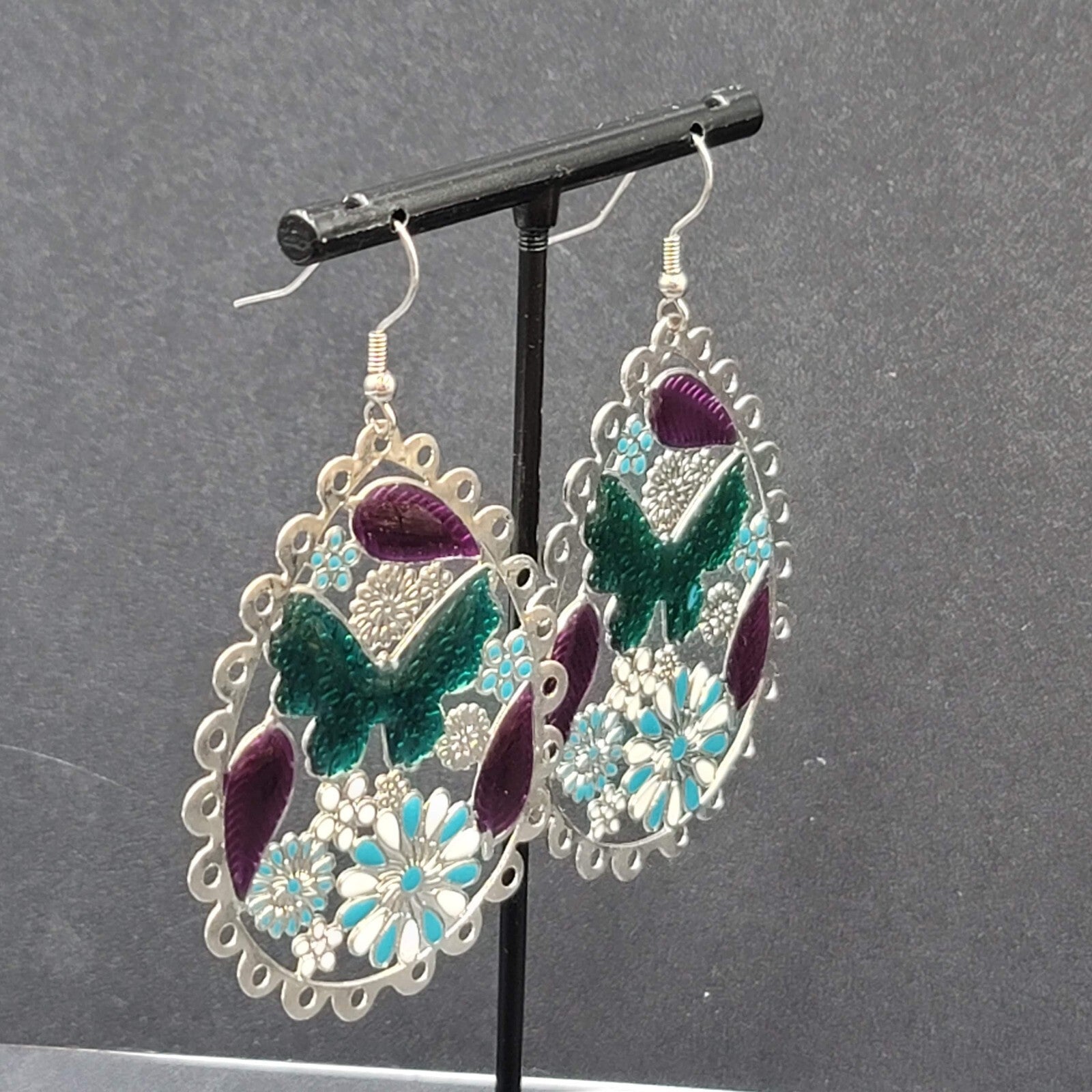 Pierced Earrings Large Silver tone Teardrop Butterfly Flowers Dangle 2.25"