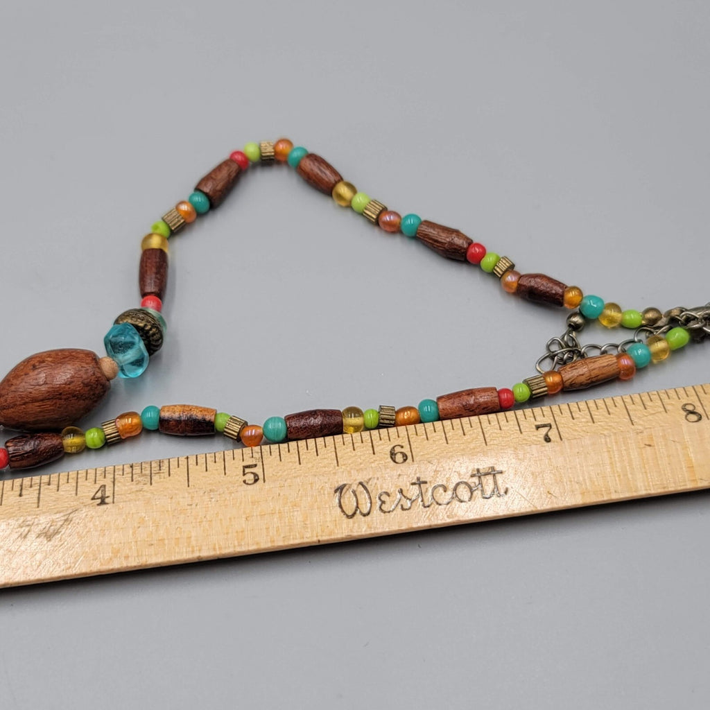 Wood Bead Artisan Necklace Multicolor Glass Spacers 18" Adj