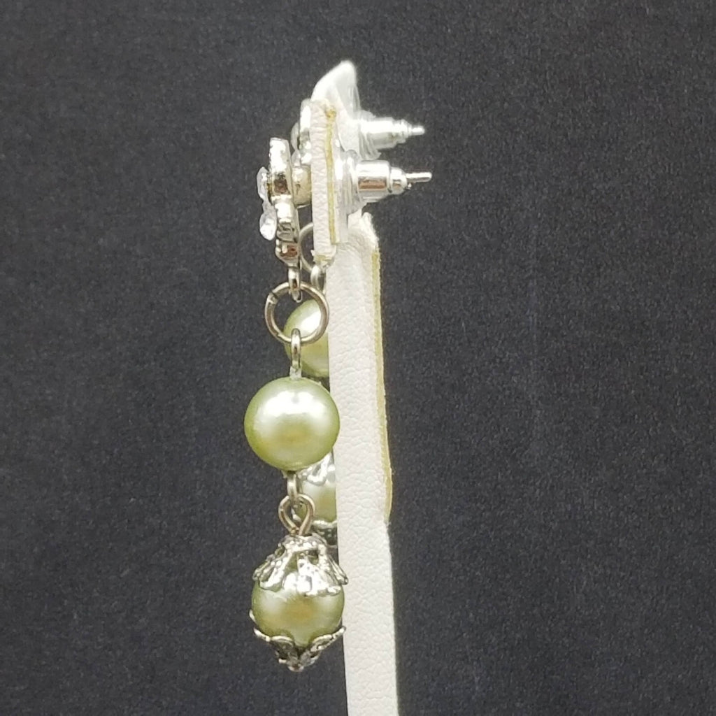 AVON Pierced Earrings Silver tone Capped Green Bead Dangle 1.75"