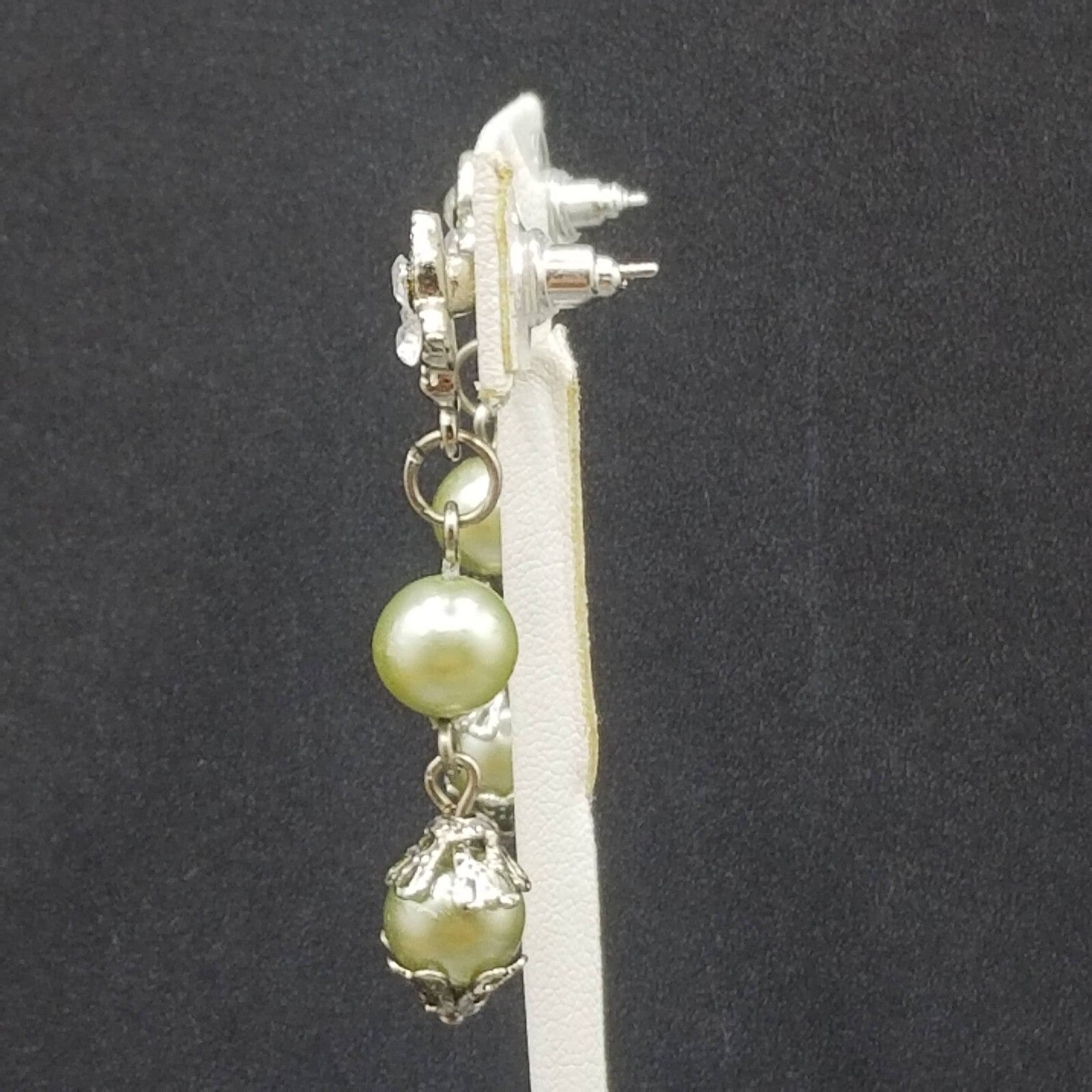 AVON Pierced Earrings Silver tone Capped Green Bead Dangle 1.75"