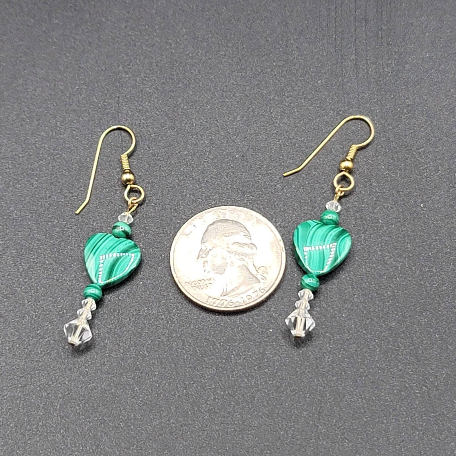 Pierced Earrings Gold tone Malachite Heart Bead Clear Crystals 1 3/8"