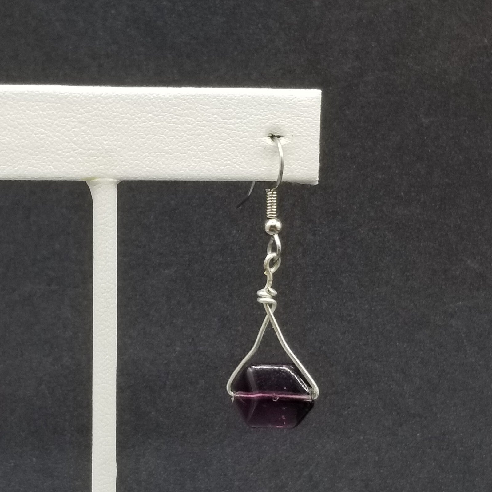 Pierced Earrings Silver tone Faceted Purple Crystal Dangle 1"