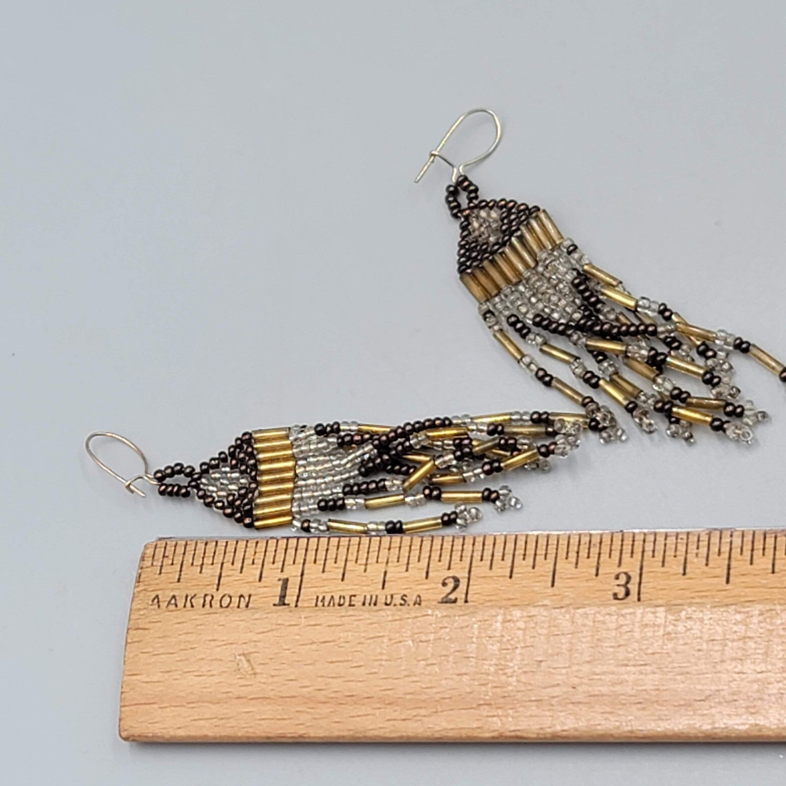 Vintage Seed Bead Tassel Pierced Earrings Clear Gold tone Black 2.75 in