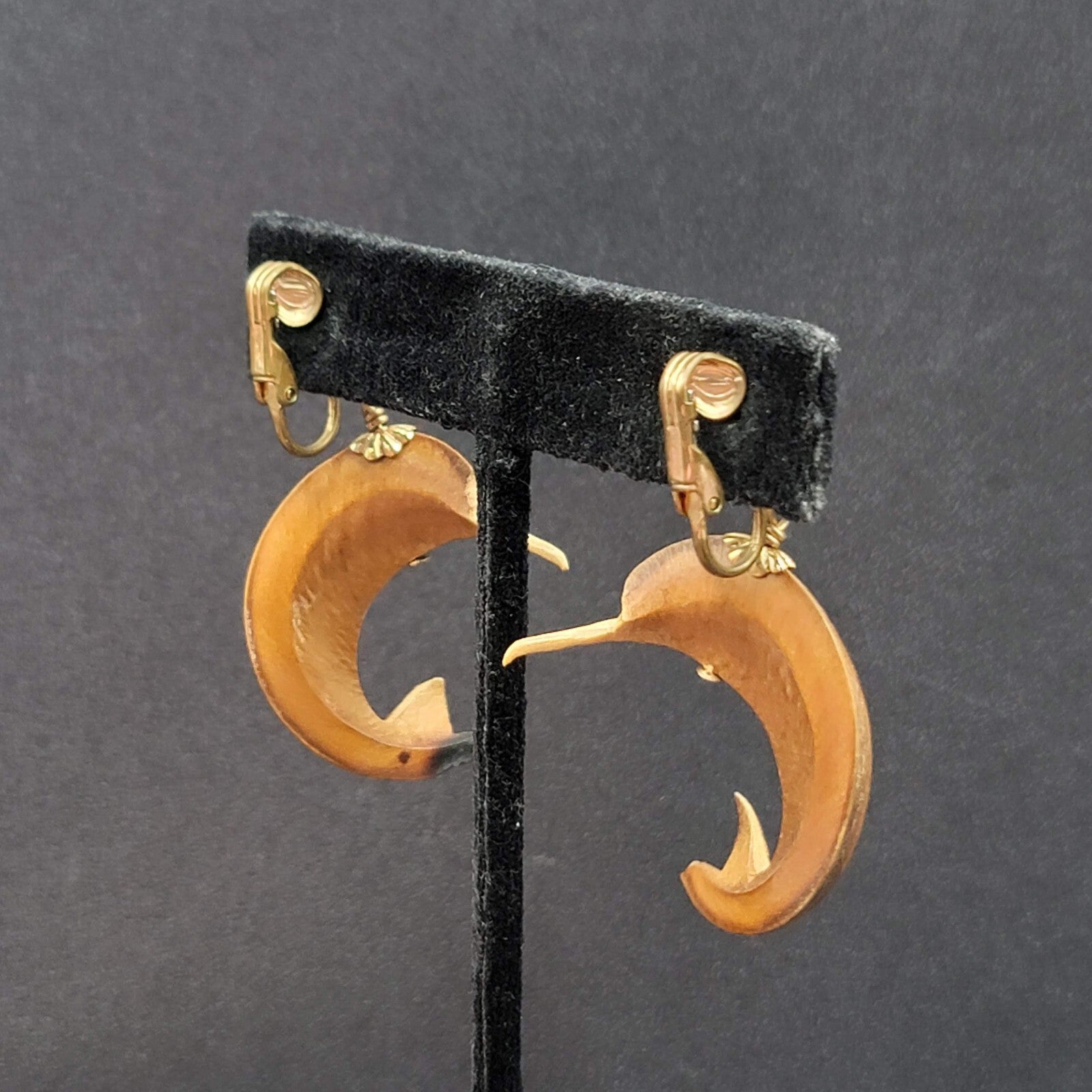 Vintage Clip on Earrings Gold tone Carved Dolphin Dangle Rhinestone 1 5/8"
