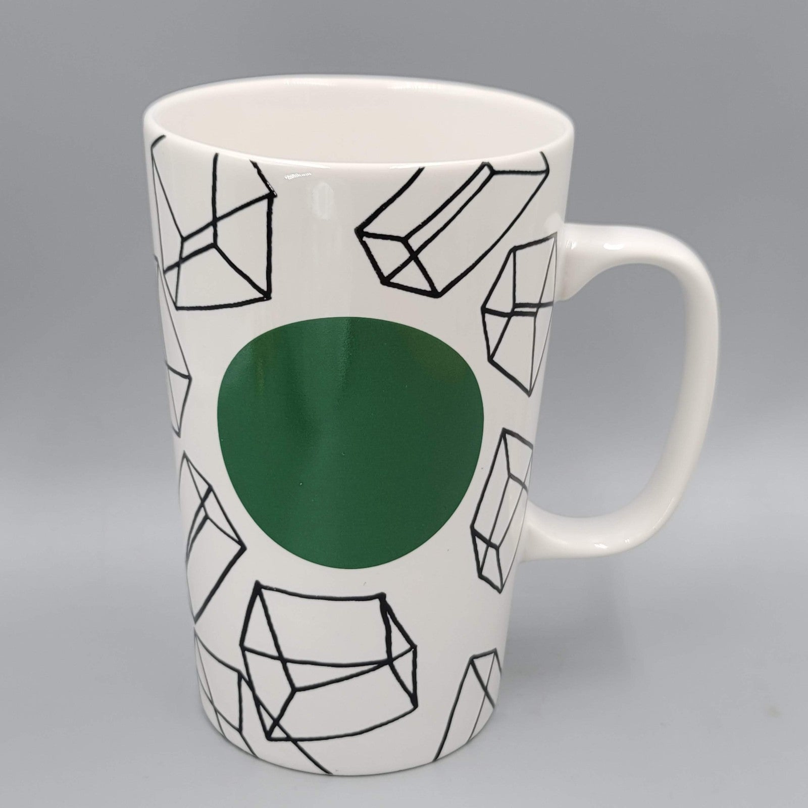 2014 Starbucks Coffee Tea Ceramic Mug Green Dot Black Geometric Cubes 16 oz