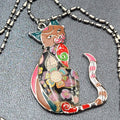 Marte and Joven Whimsical Enamel Cat Pendant Necklace Silver tone Ball Chain 26"