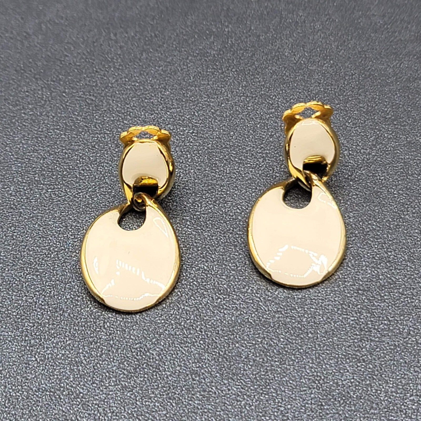 Vintage Clip on Earrings Gold Plate White Enamel Dangle 1.5"