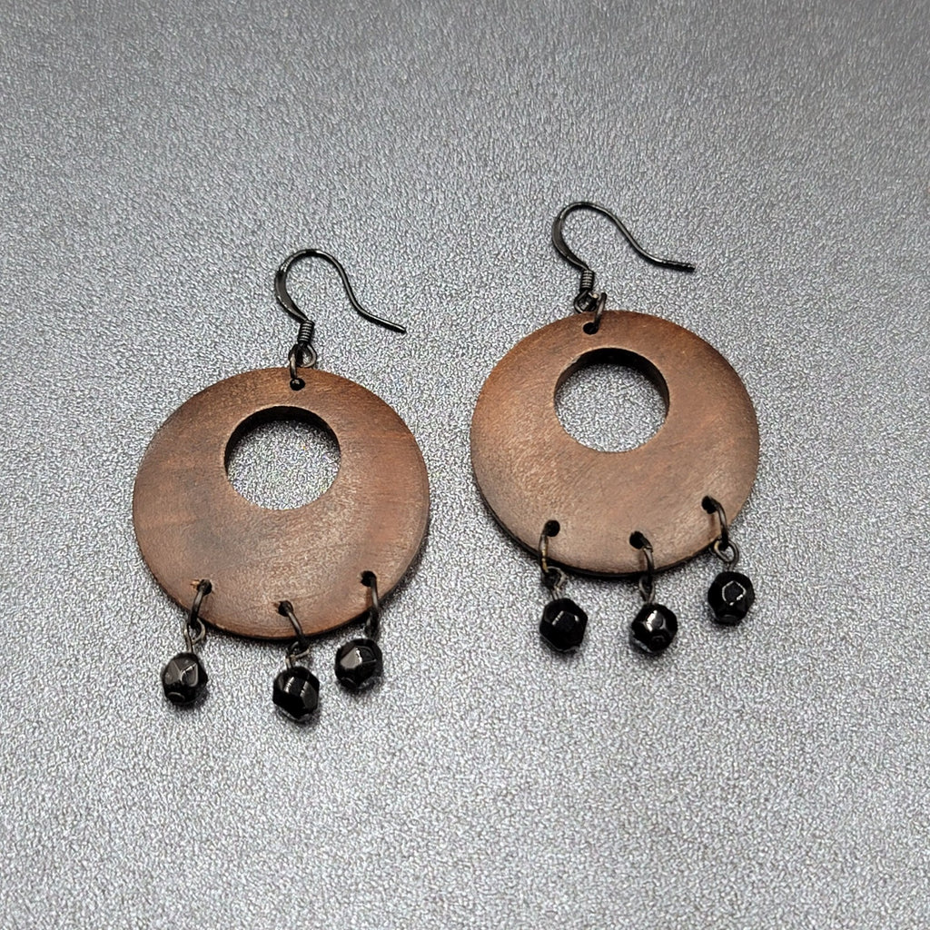 Pierced Earrings Black Metal Round Wood Black Beads Dangle 1.75"
