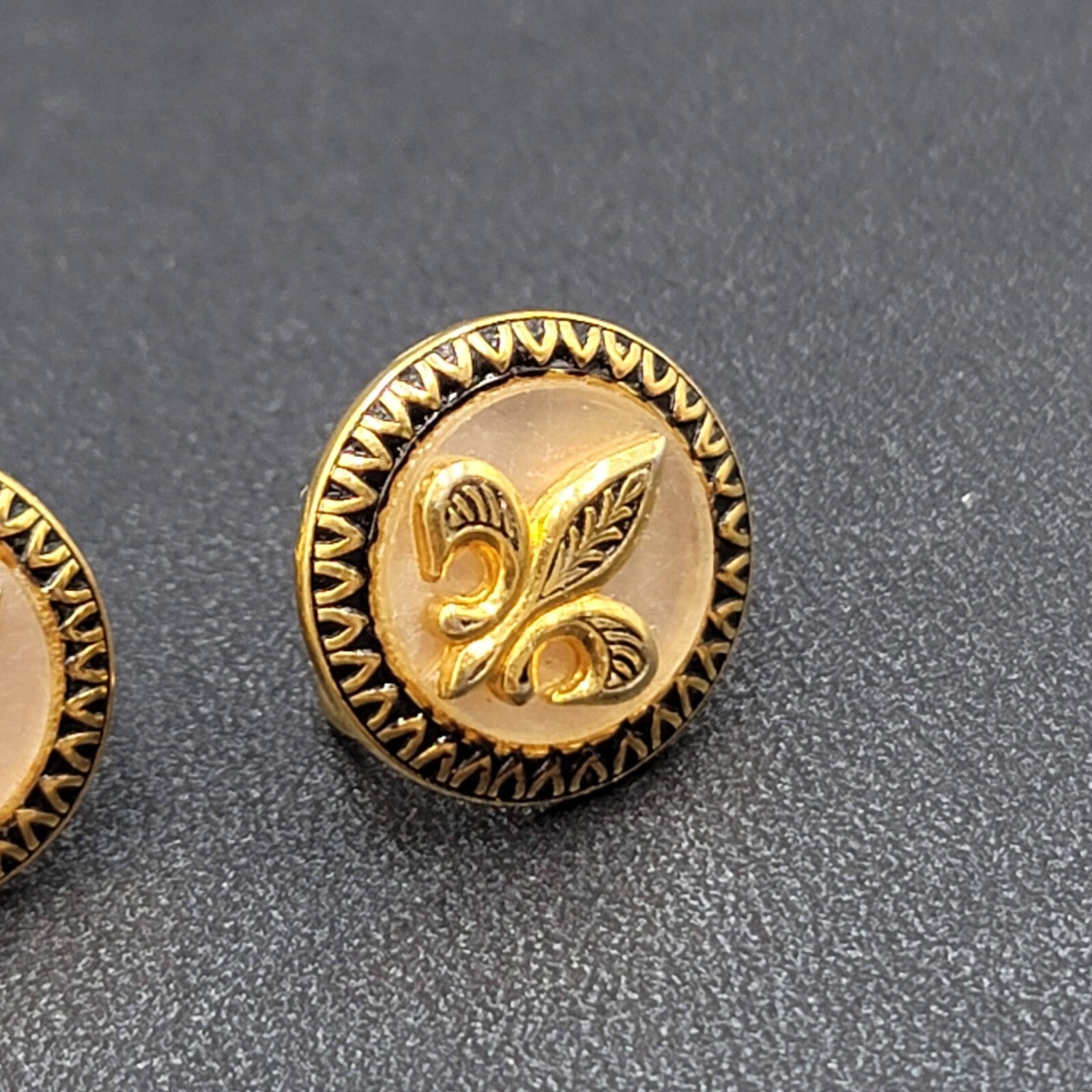 Vintage Clip on Earrings Gold tone Fleur Di Lis Mother of Pearl 5/8" Screw Back
