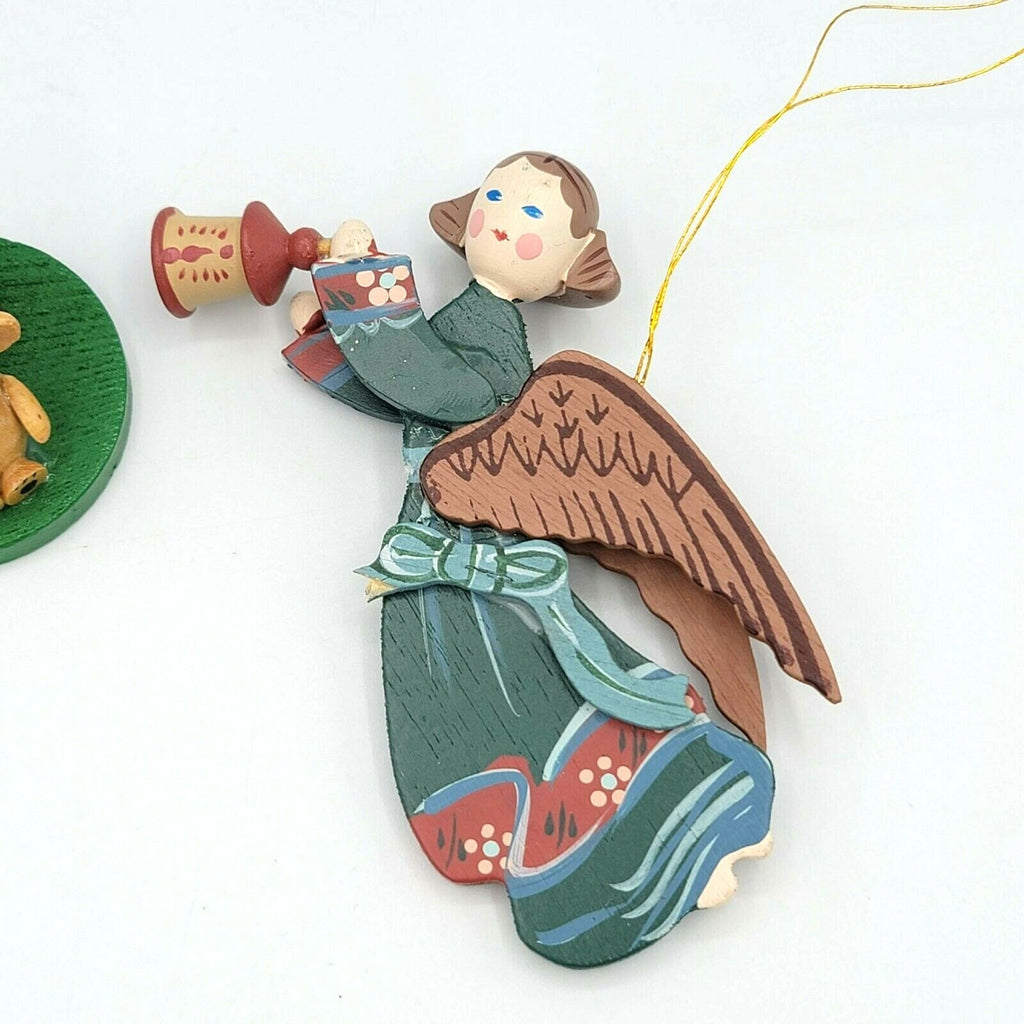 Wood Christmas Ornaments Lot of 2 Hand Painted Angel Trumpet Candle Teddy Bear