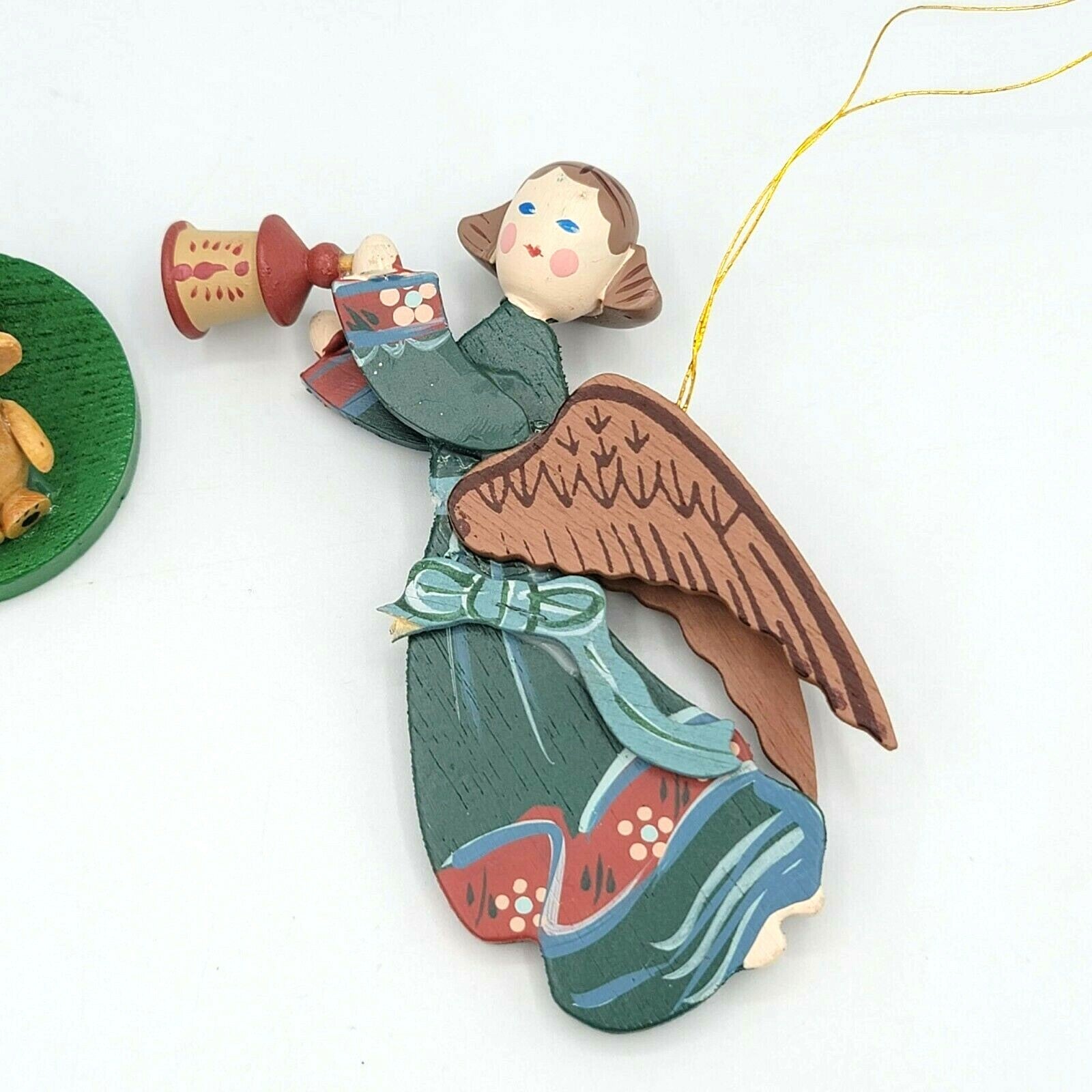 Wood Christmas Ornaments Lot of 2 Hand Painted Angel Trumpet Candle Teddy Bear