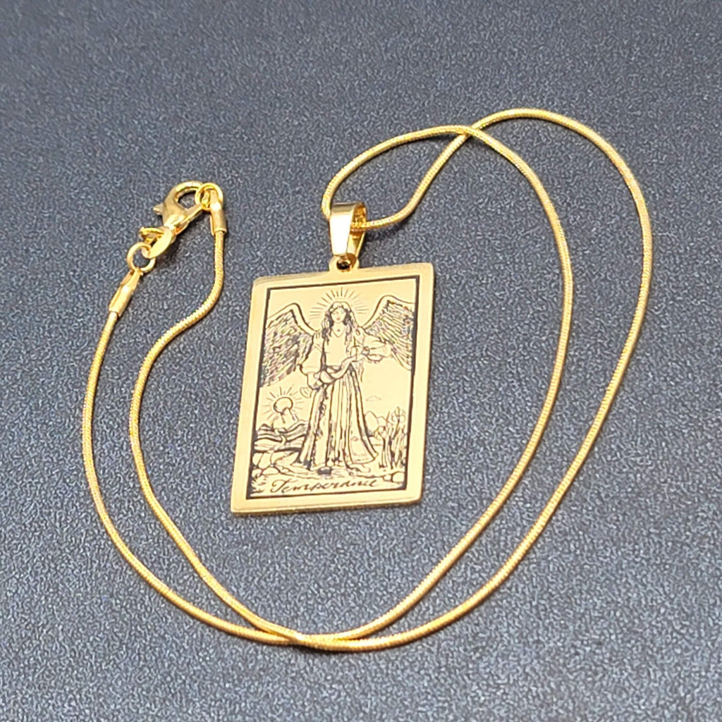 TEMPERANCE Tarot Card Pendant Necklace Major Arcana Gold tone 18”.