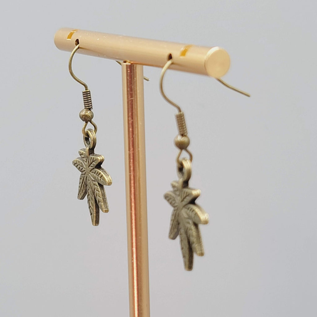 Marijuana Leaf Weed 420 Pierced Earrings Bronze tone Dangle 3/4"