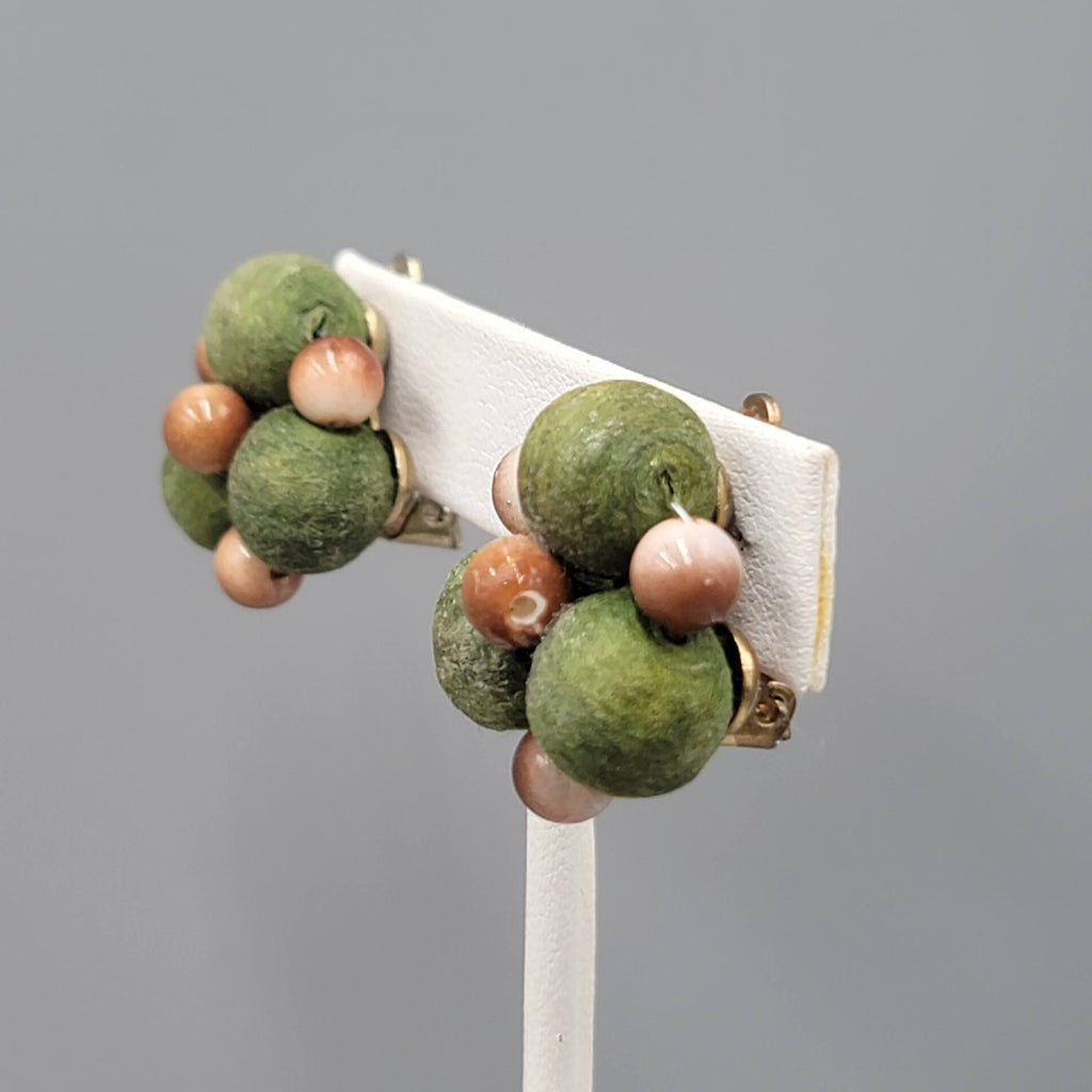 VintageWrapped Green Bead Clip on Earrings Brown Bead 1 in