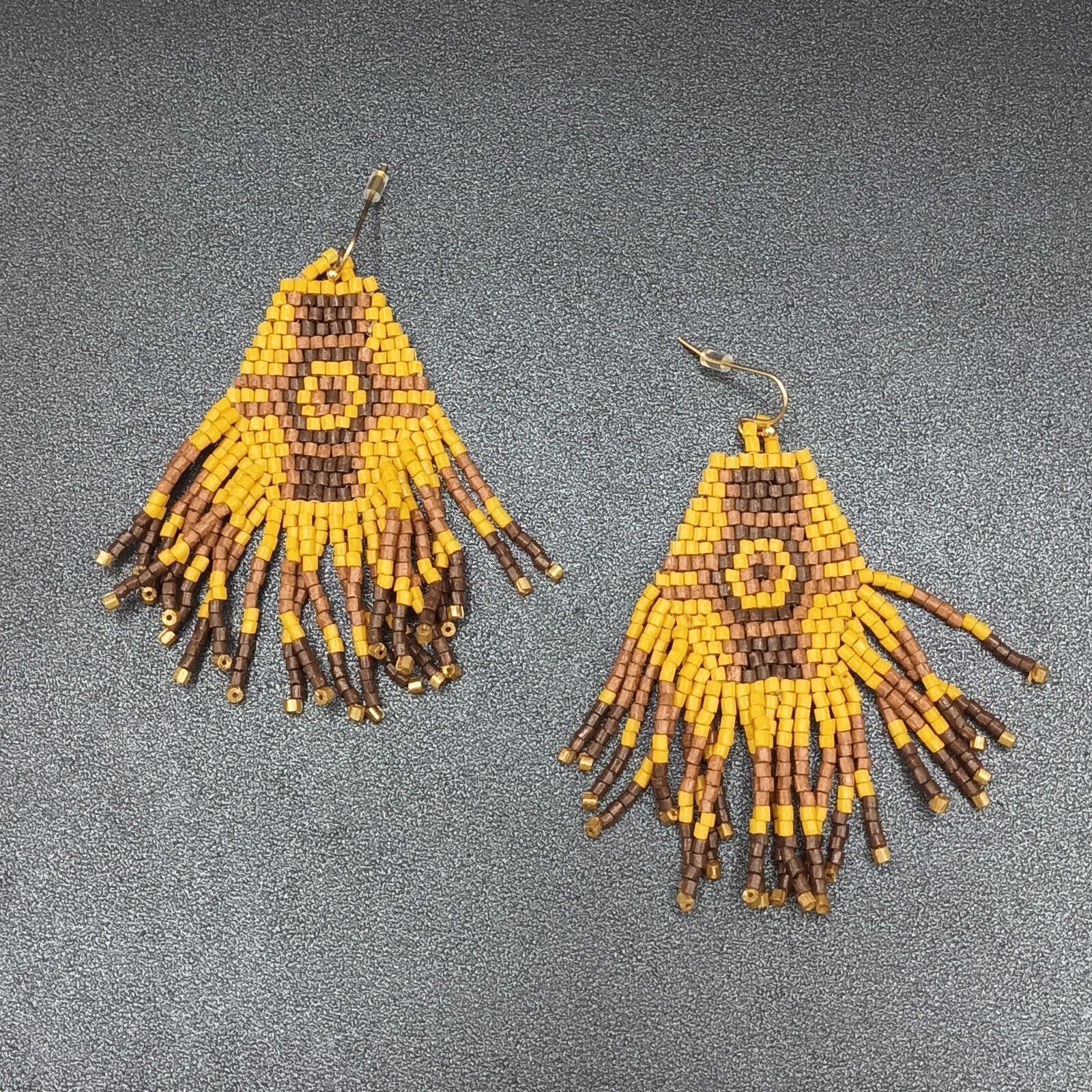 Pierced Earrings Wood Bead Weaved Browns Gold tone Dangle 2.75"