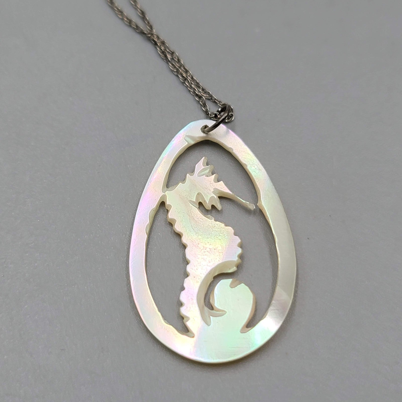 Vintage Seahorse Sterling Silver Necklace Hand Carved Mother of Pearl Pendant 18