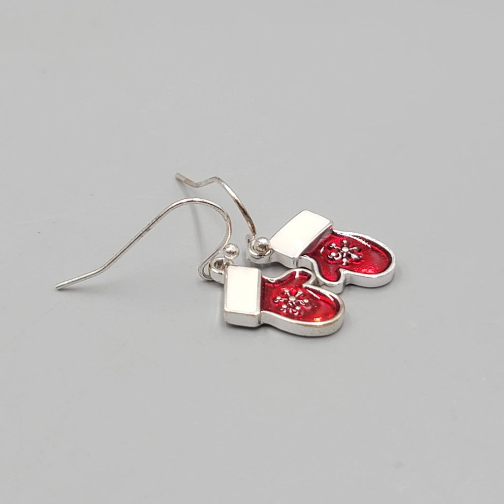 Christmas Mittens Enamel Pierced Earrings Silver tone Dangle 3/4 in 