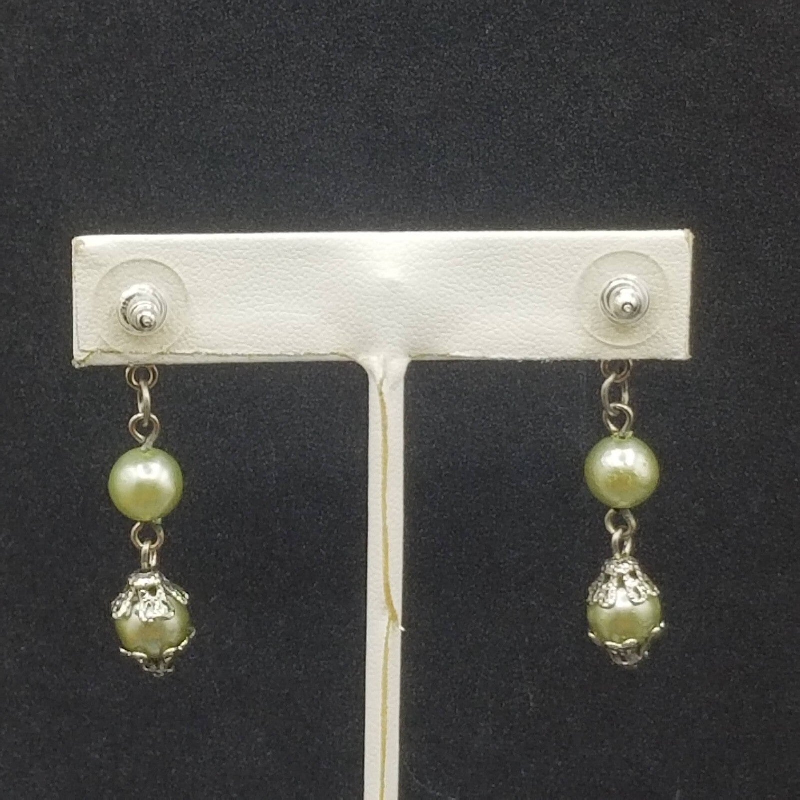 AVON Pierced Earrings Silver tone Capped Green Bead Dangle 1.75"