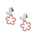 White Heart Pink Flowers Pierced Earrings Matte Enamel Dangle 1 in