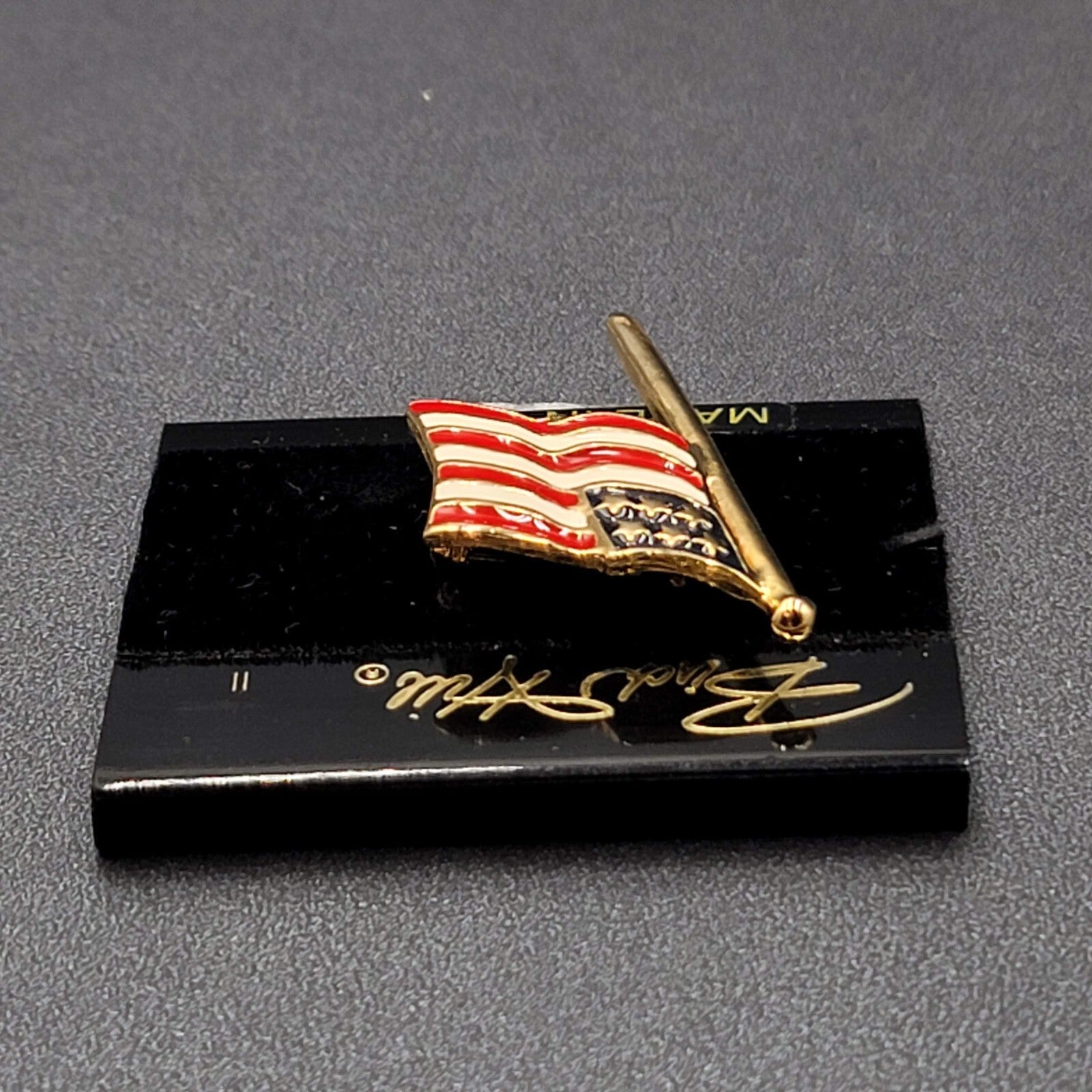 New Signed Birch Hill Brooch American Flag Enamel Gold Tone Pin Patriotic 2 in