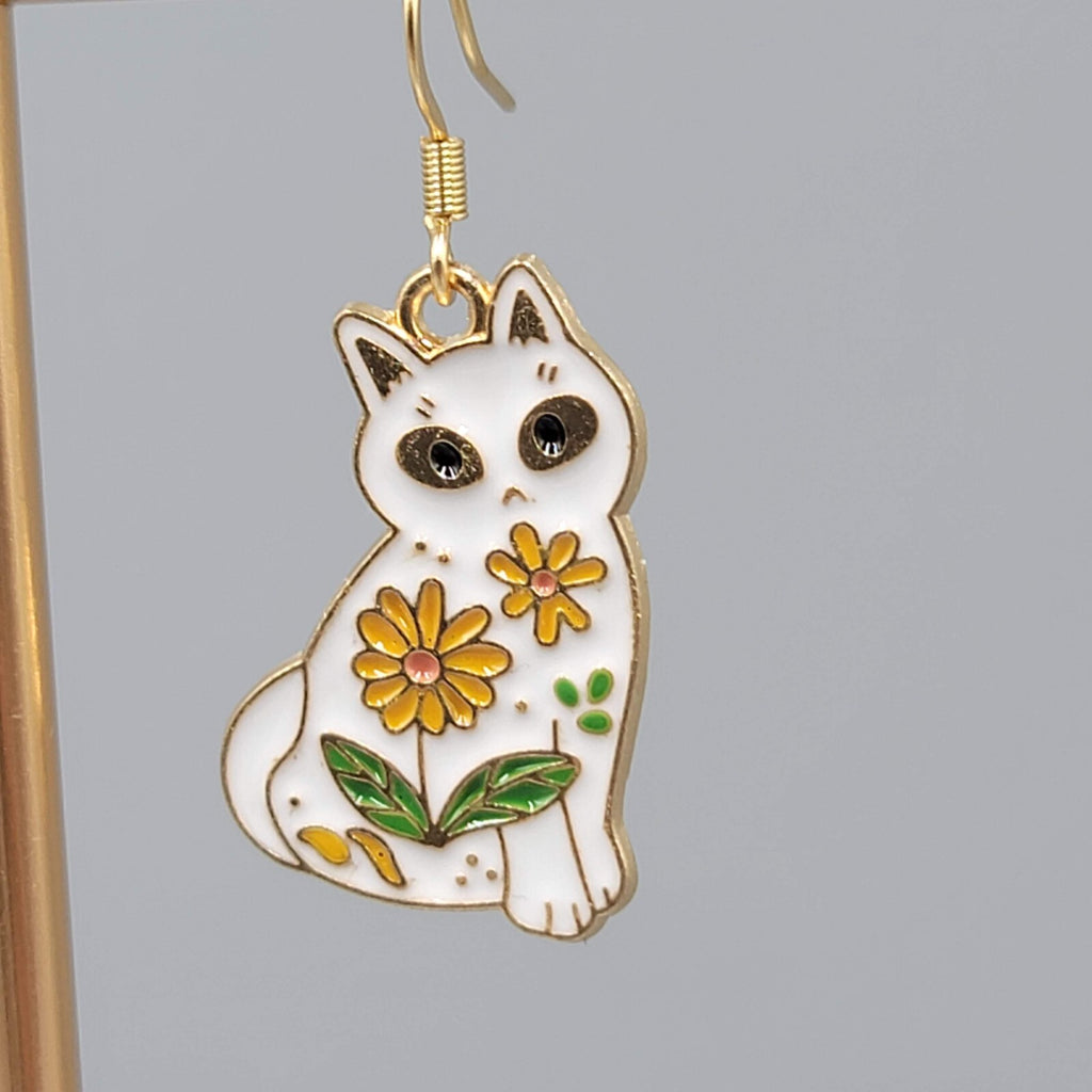 White Kitty Cat Yellow Flowers Pierced Earrings Enamel Gold tone Dangle 1"
