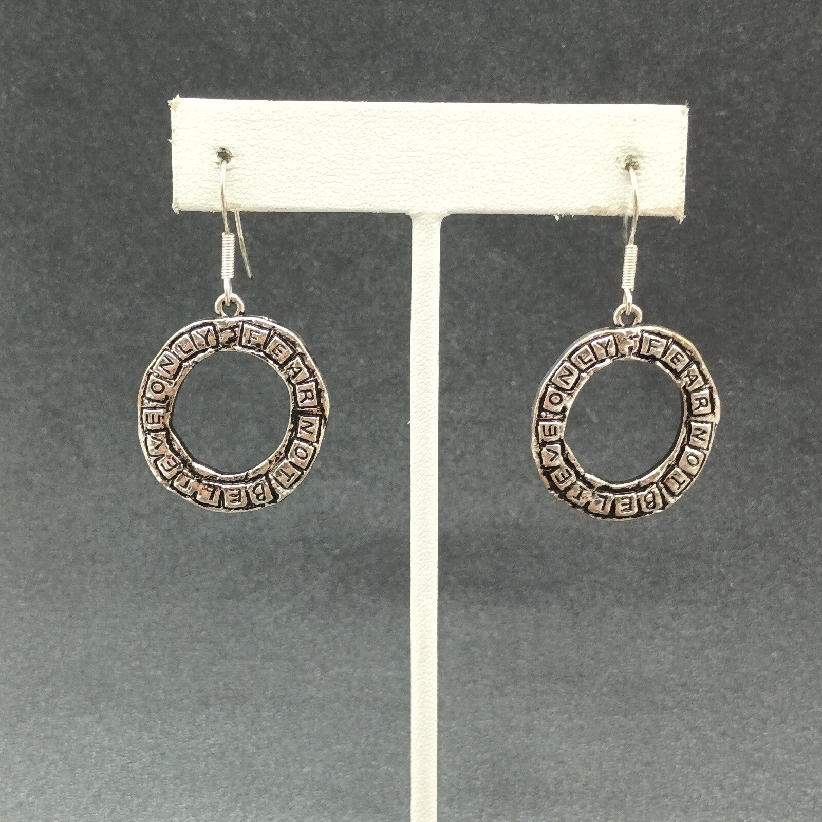 Pierced Earrings Silver tone Inspirational "Believe Only Fear Not" Dangle 1"