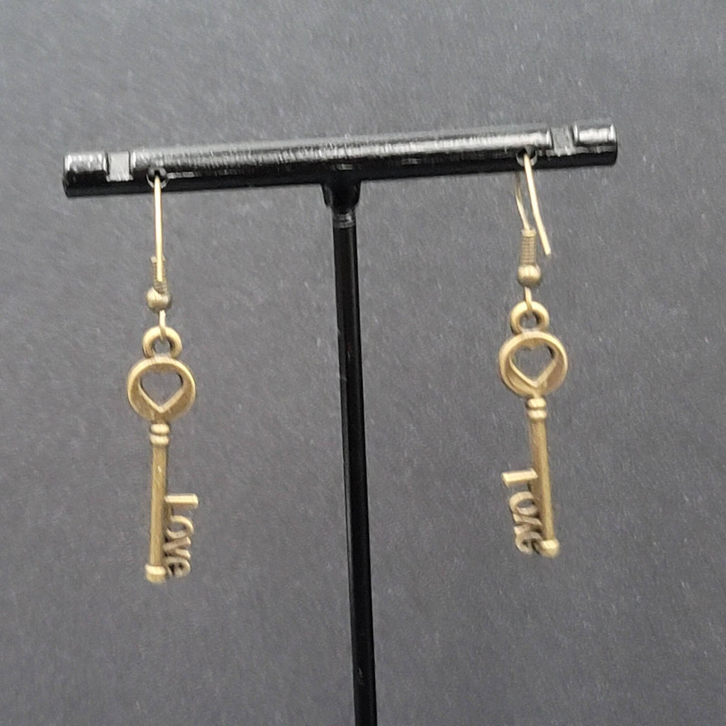 NEW Skeleton Key Pierced Earrings Bronze tone LOVE Dangle 1.25"
