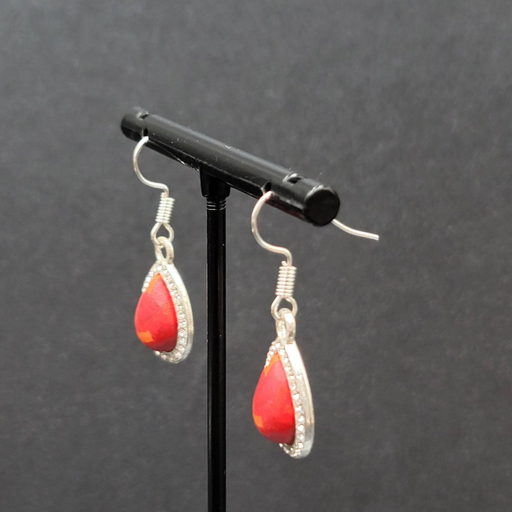 Pierced Earrings Silver tone Red Orange Polymer Clay Teardrop Rhinestone 3/4"