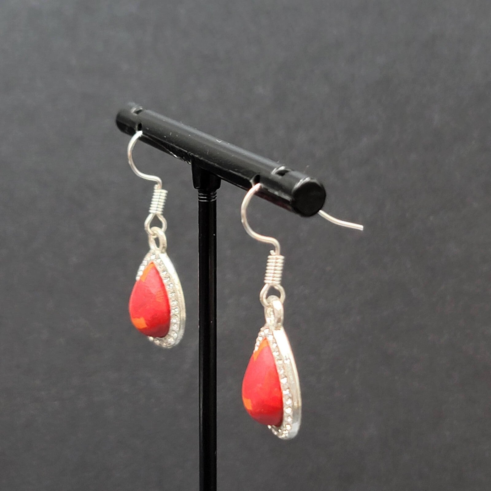 Pierced Earrings Silver tone Red Orange Polymer Clay Teardrop Rhinestone 3/4"