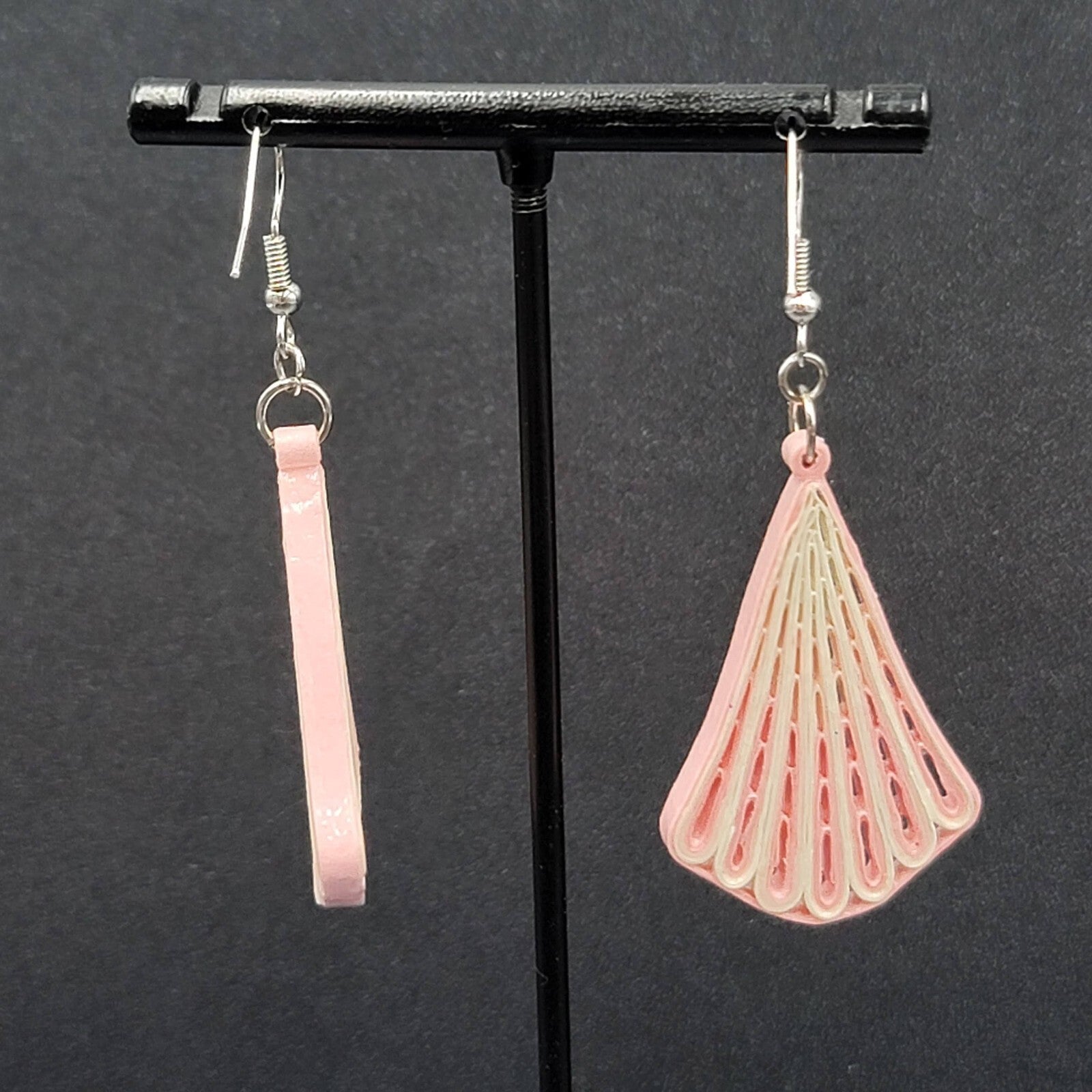 Vintage Pierced Earrings Paper Quilled Pink White Dangle Hand Made 2"