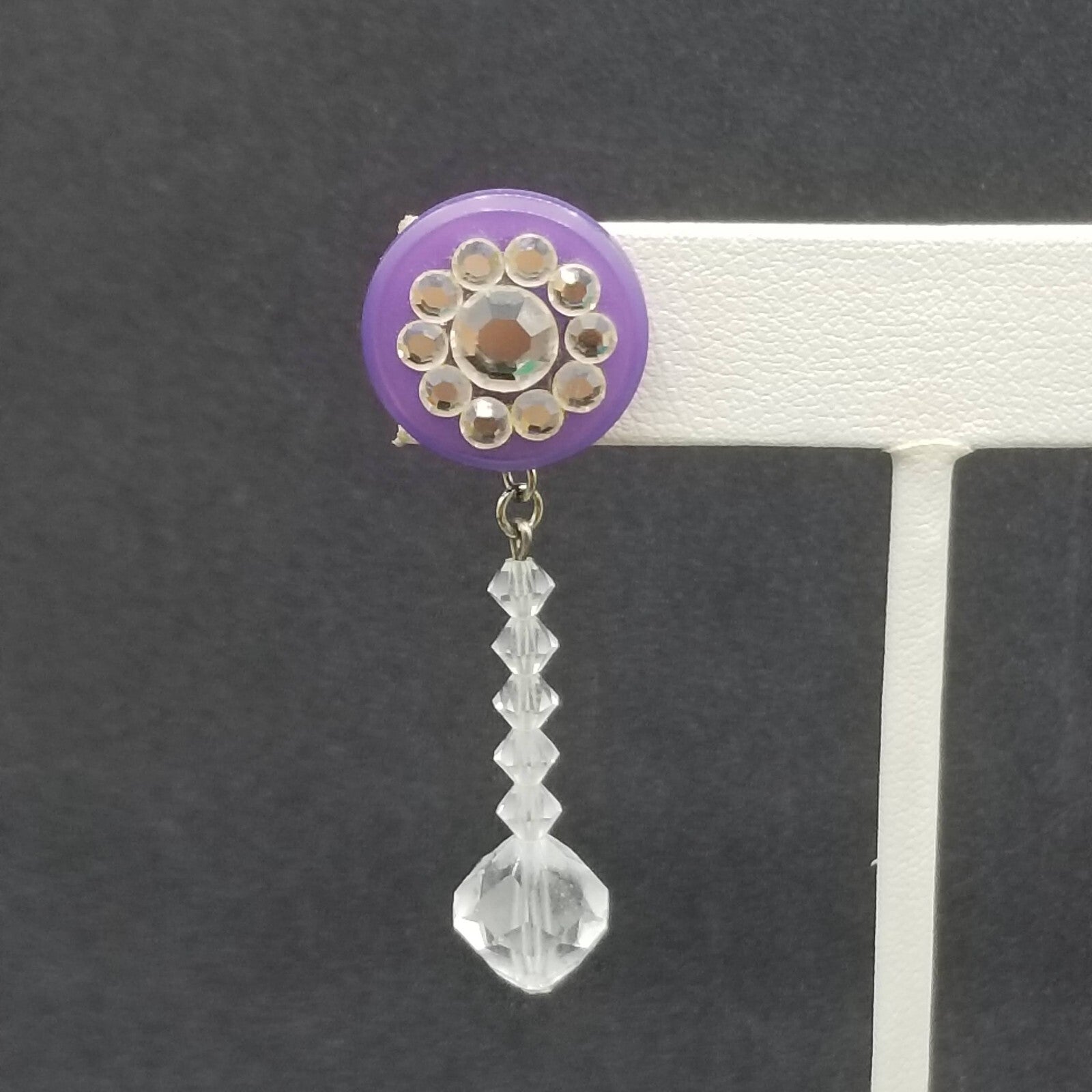 Pierced Earrings Purple Button Crystal Faceted Bead Statement Dangle 2"