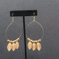 New Boho Pierced Earrings Bronze tone Faux Leather Leaves Wood Bead Hoops 3.25"