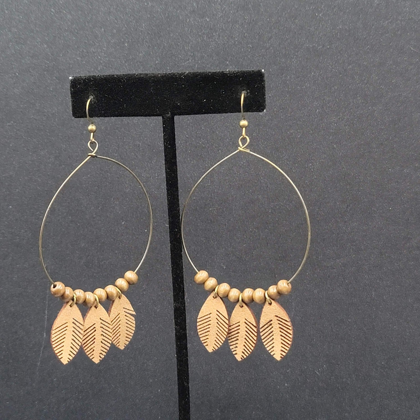 New Boho Pierced Earrings Bronze tone Faux Leather Leaves Wood Bead Hoops 3.25"