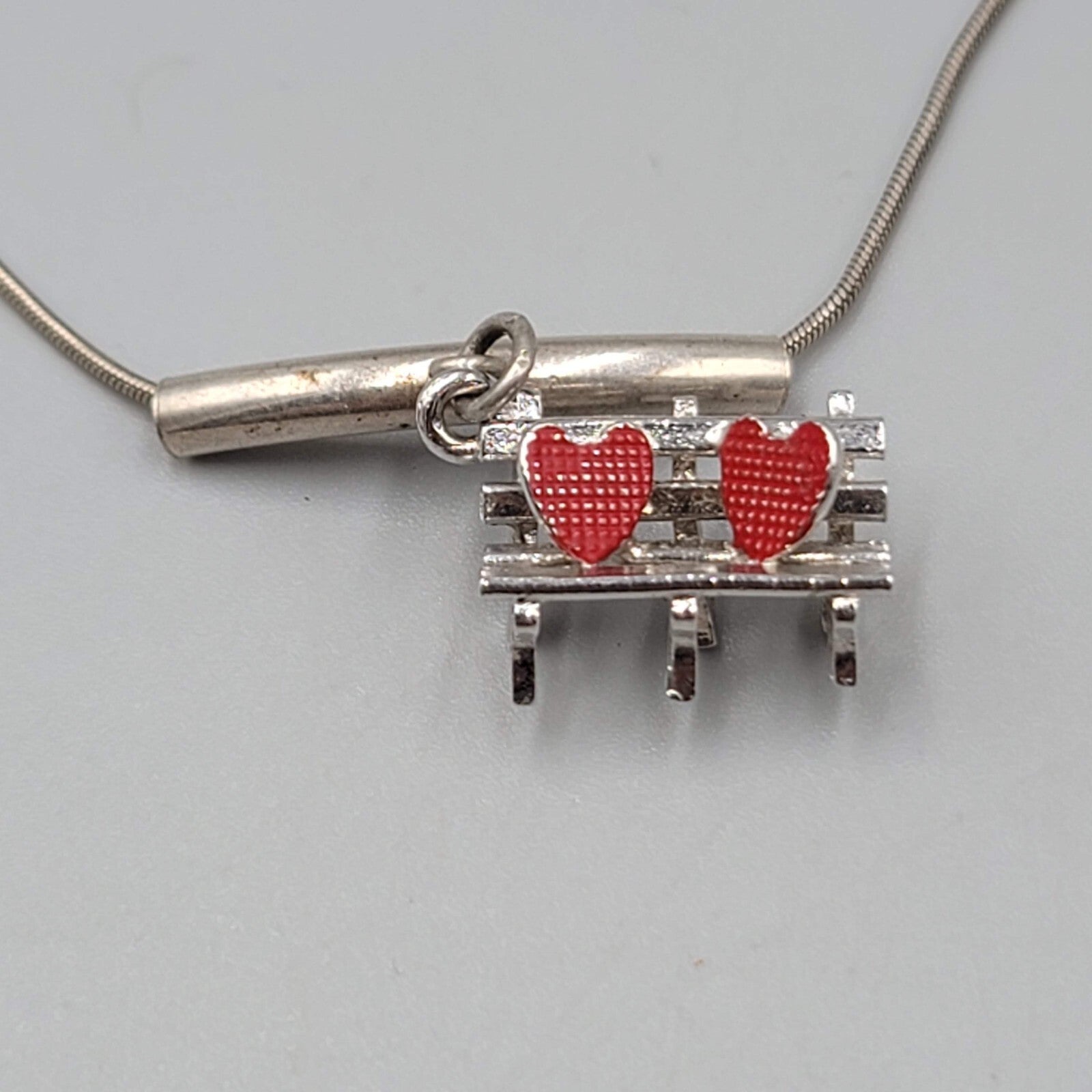 Red Heart Lovers Bench Pendant Sterling Silver Necklace Snake Chain 16"